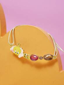 LOONEY TUNES X SHEIN 1 pieza Pulsera de cuerda de cera coreana con elemento de dibujo animado impreso en aleación de zinc y cristales de Rhinestone, de lujo y nicho, casual y elegante, adecuada para fiestas, conciertos y festivales - Caqui - Ver 2