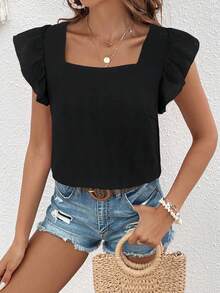 SHEIN VCAY 纯色泡泡袖荷叶边衬衫夏季女式沙滩方领女式上衣