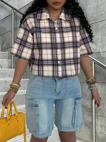 Rovax Women's Plaid Lapel Single-Breasted Casual Versatile Daily Commute Short Sleeve Shirt - Multicolor - View 3