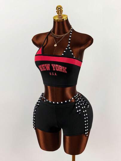 Amplova Y2K Sexy Women's Sexy Backless Halter Top And Shorts 2 Pieces Set, Summer Casual Blouses For Women 2 Piece Summer Set Women Club Two Piece Set 2 Piece Sets Woman Sexy Club Outfits Women Sexy Set Black And White Color Blocking, Black And Red Color Blocking, Faux Two-Piece Mini Strappy Slogan Sporty College Style Sexy Tight Two-Piece Set