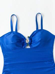 Swim Oasis 大码女式绿色提花面料休闲度假吊带低领连体泳衣配沙滩罩衫两件套泳装 - 藍色 - 查看 8