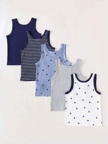 Young Boys Undershirt-5 Packs Tank Tops Navy Stripes Stars Solids Sleeveless Round Neck Layering Essentials Comfortable Four Seasons Everyday Sleep School Play Holiday 2026 Must Have Closet Basics Classic Minimalist Easy Machine Washable - Multicolor - View 2