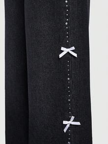 SHEIN Tween Girl Fashionable & Sweet Heart Embroidery Straight Leg Loose Fit Jeans Baggy Jeans Y2k Baggy Jeans - Dark Grey - View 8