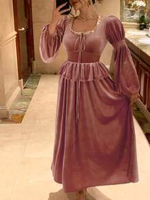 DAZY Robe mi-longue élégante pour femmes avec manches bouffantes, doublure thermique et patchwork de sequins avec lien, pour l'automne/hiver - Rose bonbon - Voir 3