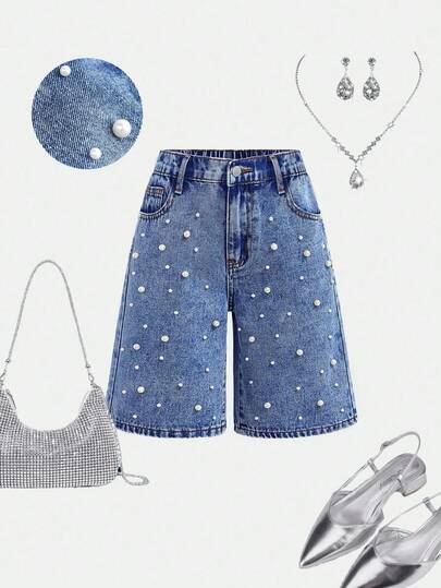 Girlism Shorts vaqueros desgastados y elegantes con inserto de bolsillo, perlas falsas y dobladillo deshilachado para niña preadolescente, adecuados para vacaciones de primavera y verano, playa, bohemia, conciertos, festivales, viajes diarios, al aire libre, brunch, té, oficina, regreso a la escuela y talla grande