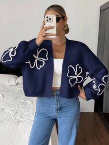 Siren Gaze 女士碎花落肩长袖宽松休闲开衫 - 藏蓝色 - 查看 1