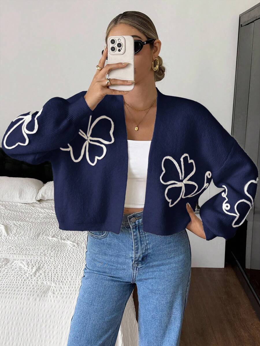 Siren Gaze 女士碎花落肩长袖宽松休闲开衫 - 藏蓝色 - 查看 1