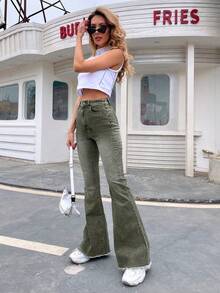 SHEIN LUNE High-Rise Raw Hem Slant Pocket Casual Flare Jeans - Green - View 2