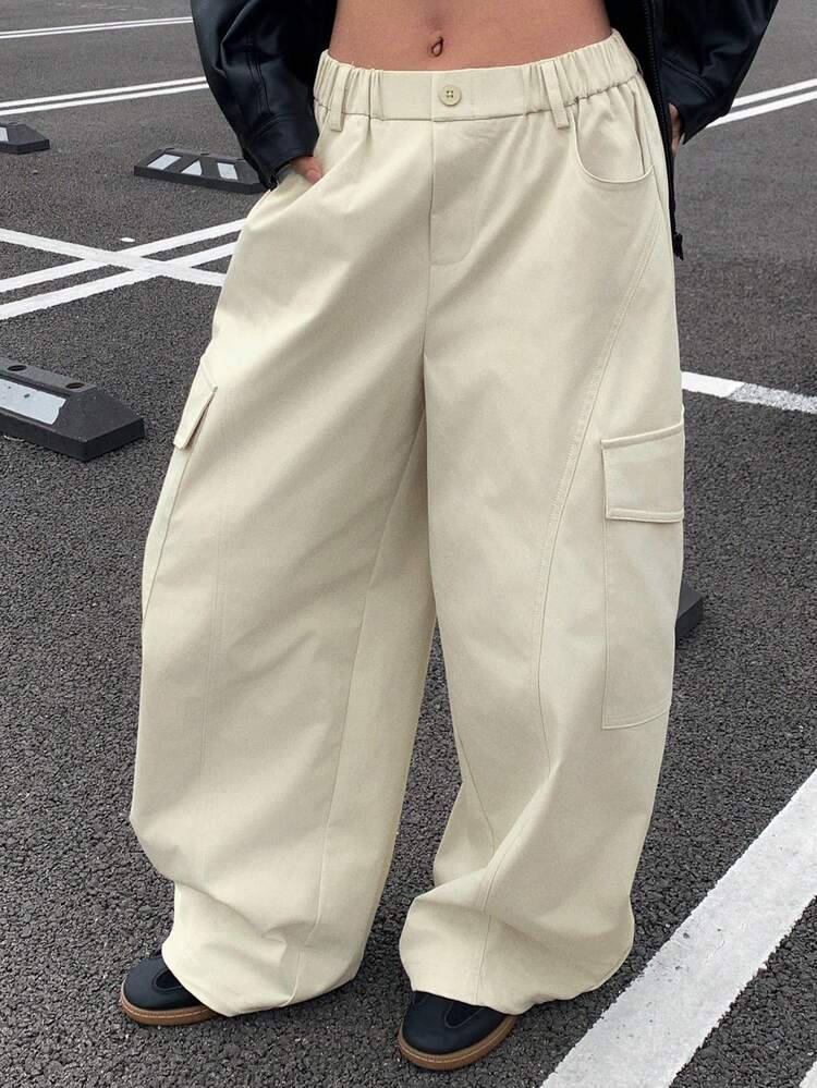Women's Loose Solid Color Cargo Pants With Pockets, Casual Street Style, Autumn/Winter Y2k