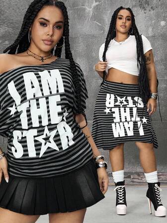 J-Fashion قميص T-شيرت متعدد الاستخدامات مطبوع بشعارات وأنجم للمقاسات الكبيرة من طراز Y2K