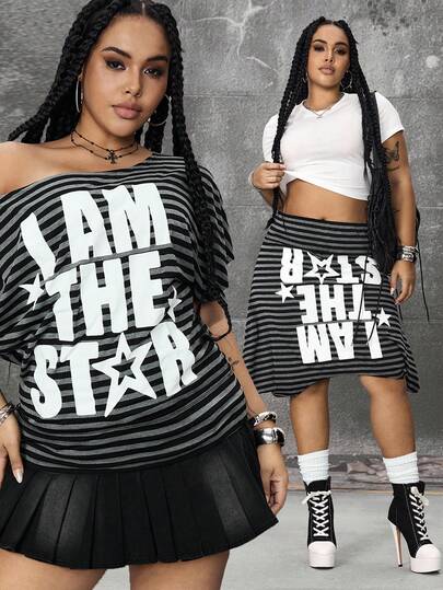 J-Fashion T-shirt multiportable grande taille avec imprimé slogan et étoile Y2K