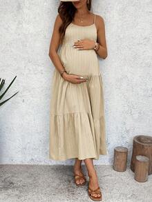 SHEIN Maternity Vacation Solid Color Ruffle Hem Backless Tie Strap Dress - Apricot - View 2