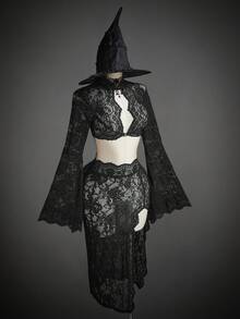 SHEIN ICON 女士万圣节蕾丝两件套性感前卫服装，喇叭袖上衣搭配半裙，适合派对穿着 - 黑色 - 查看 11