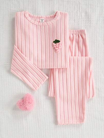 Girls Comfortable Casual Strawberry Graphic Ribbed Fabric Long Sleeve Top And Pants Pajama Set
