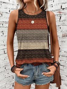 SHEIN LUNE Top de tirantes de cuello redondo con rayas de contraste, adecuado para primavera/verano, playa, casual - Multicolor - Ver 2