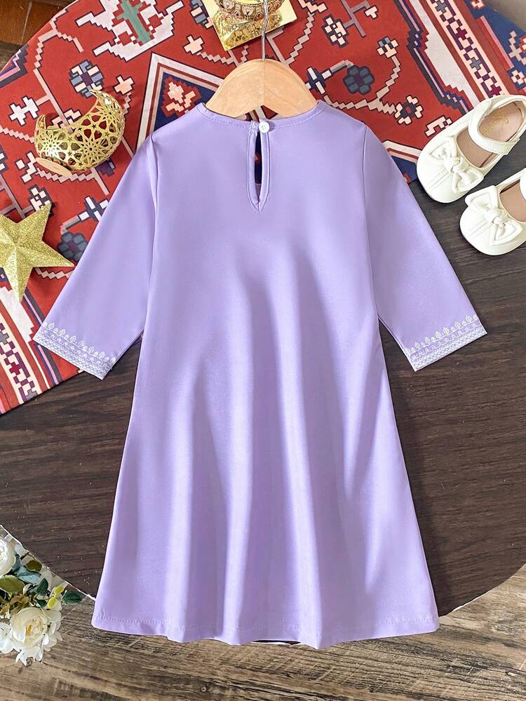 女婴长袖中东传统印花长袍连衣裙，紫色 - 紫色 - 查看 2