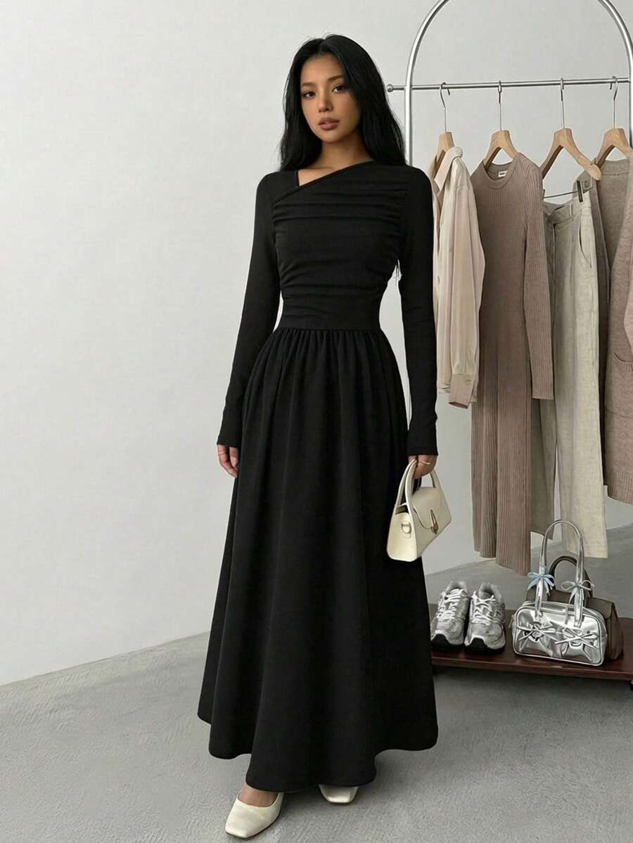 Elegant Lady Oblique Collar Long Sleeve Fitted Dress For Teen GirlAutumn/Winter
