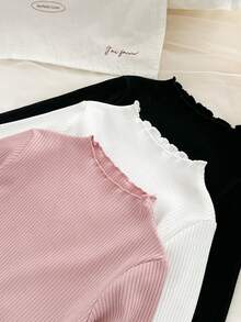 Genkimix Kids 3件套女童纯色罗纹荷叶边长袖高领T恤，白色、黑色、粉色组合，百搭秋季内搭