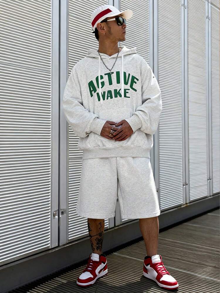 Spring Letter Print Hooded Sweatshirt Set For Men, Grey