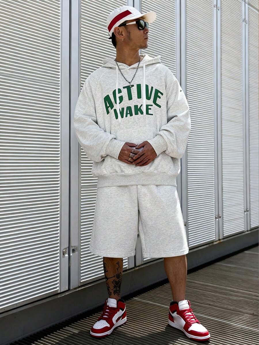 DAZY Spring Letter Print Hooded Sweatshirt Set For Men, Grey - Grey - View 1