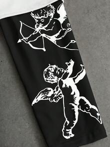 PAVTROS Men's Street-Style Popular INS Matching Angel Cupid Print Embroidered Heart Outdoor Music Festival Nightclub Boyfriend Husband Gift Anniversary Gift 2 In 1 T-Shirt Graphic Crop Top Men Graphic Crop Sweatshirt Men Mens Graphic Cropped Top White Graphic Crop Hoodie Cropped Graphic Street Hoodie Men - Multicolor - View 4