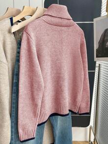 Franclia 法式复古宽松高领长袖撞色滚边针织套头毛衣，女士秋冬款 - 粉色 - 查看 2