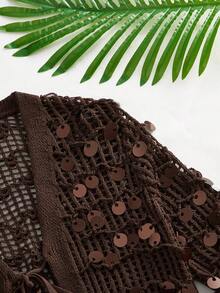 Travachic Handmade Beaded Hollow-Out Knitted Casual Cardigan Sweater, Christmas Party, Elegant New Year's Eve, Casual Going Out - Coffee Brown - View 3