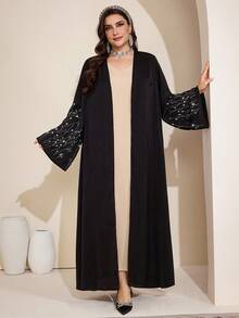 Al Najma Plus Size Women Elegant Rhinestone Embellished Flare Sleeve Abaya Abayas Dubai Luxury Black Abaya - Black - View 7
