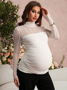 SHEIN Camiseta elegante de maternidad con cuello alto, encaje y volantes ajustada - Blanco - Ver 4