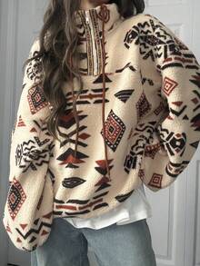 FRIFUL Áo sweatshirt nữ cổ đứng phối màu, tay dài, dáng suông, dây rút, chất liệu vải sherpa, vạt áo bo chun, kiểu dáng rộng rãi, thoải mái, đa năng, thích hợp cho mùa thu. - Màu be - Xem 3