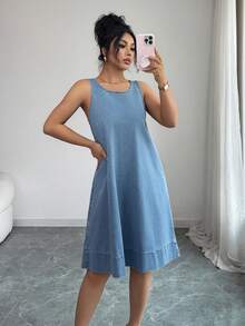 Selianne Damen lässiges, locker sitzendes ärmelloses Denim-Midi-Kleid - Mittele Waschung - Übersicht 7