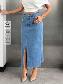 EURMUSE High Waist Front Slit Detailed Denim Skirt - Medium Wash - View 3