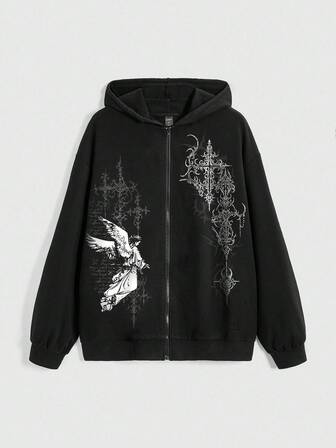 Grunge Punk Sudadera con capucha de mujer con estampado de personaje de espinas, Virgen María, cruz y vid, de estilo punk y callejero