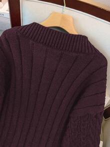 GlowEve CURVE 女士优雅纯色麻花针织宽松长袖加大码毛衣，适合外穿，秋冬季紫色毛衣，女士V领毛衣 - 酒紅色 - 查看 6