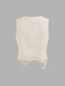 Firerie Kids 少女休闲纯色无袖夏季纽扣不对称上衣和宽松铅笔裤两件套，米色，返校季，法式优雅，时尚通勤装 - 杏色 - 查看 6