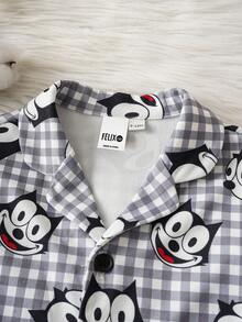 SHEIN Felix The Cat Baby Boy Plaid & Cartoon Print Button-Front Long Sleeve Top And Pants Pajama Set - Black and White - View 3