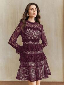 Anewsta 优雅女士蕾丝荷叶边褶皱拼接性感蕾丝连衣裙，圆领长袖，适合工作、秋季、冬季、春季、新年、派对、婚礼等场合，时尚别致，正式场合穿着。