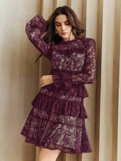 Anewsta Elegant Women's Lace Ruffle Pleated Patchwork Sexy Lace Dress, Round Neck Long Sleeve Dress, Graceful For Work, Fall, Winter, Spring, New Year, Party, Wedding, Chic, Stylish, Formal