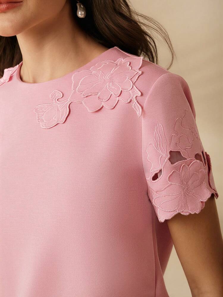 Women's Elegant Hollow-Out 3D Floral Embroidery Round Neck Short Sleeve T-Shirt, Versatile For Formal, Party, Chic, Work, Graduation, Suitable For Spring/Summer