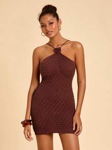 Travachic Women's Halter Tie-Up Backless Elegant Waist-Cinched Vacation Party Knit Dress - Brown - View 6