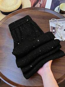 SHEIN PETITE Petite Women's Woven Straight Leg Pants With Metallic Speckle