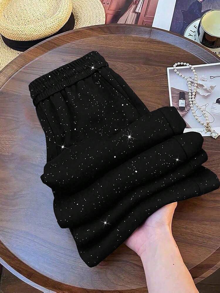 SHEIN PETITE Pantalones rectos de mujer de talla pequeña tejidos con motas metálicas - Negro - Añade 2