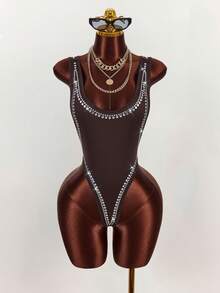 Amplova Sexy Rhinestone Embellished Backless Bodysuit - Brown - View 3