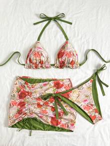 Soleia Plus Size Women Floral Print Contrast Green Bikini 3 Pieces Set - Multicolor - View 6