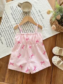 SHEIN LMoss Kids 一件式可爱女婴连体衣：休闲、简约、可爱的条纹连体衣，饰有通体印花和蝴蝶结。适合生日派对、晚宴、演出、婚礼、洗礼、开幕式、日常穿着、上学、郊游以及秋冬季节。 - 粉色 - 查看 2