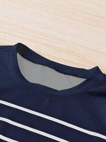 Pariaura 女士条纹休闲T恤，百搭图案T恤女式上衣 - 藏蓝色 - 查看 5