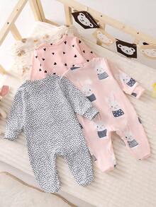 Newborn Simple Stylish Sweet Long Sleeve Full Length Jumpsuit Pajama Set - Multicolor - View 2