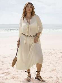 Swim Vcay 新款优雅波西米亚风沙滩罩衫，大码尺码，适合沙滩派对和度假。 - 杏色 - 查看 5