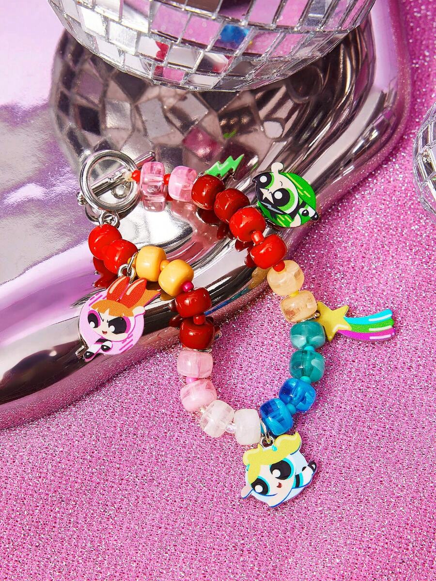 THE POWERPUFF GIRLS X SHEIN 新款锌合金卡通图案串珠手链，休闲可爱，适合派对、音乐会、节日等场合。 - 白金 - 查看 1