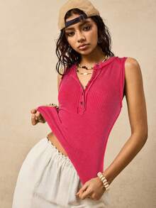 Easelle 休闲复古罗纹无袖红色女式T恤 - 紅色 - 查看 6